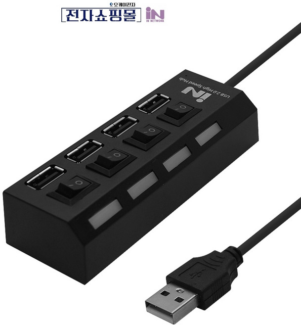4포트 USB 2.0 무전원 USB허브 블랙 IN-U4BKA, 1개