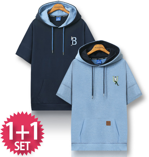 블루포스 엘데엇 반팔 후드티 [2장 묶음] 오버핏 남자 티셔츠 남성 빅사이즈 반팔티 단체티 여름 커플티 츄리닝