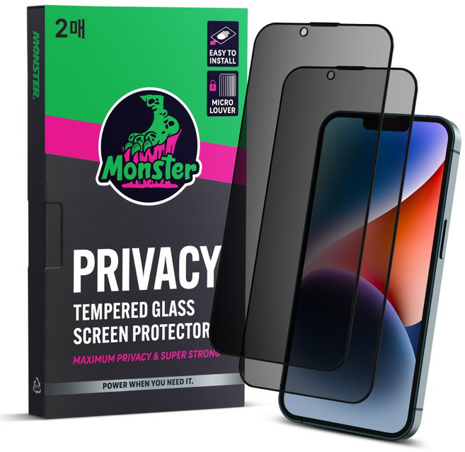 몬스터 사생활보호 슈퍼강력 강화유리 휴대폰 액정보호필름 2매 + 똥손탈출 부착틀, 1세트