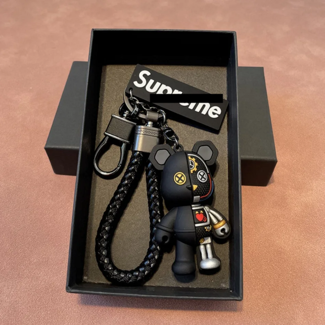 스프림 사이보그 키홀더 - 베어브릭 차키 자동차 키링 열쇠고리 고급 가죽 키체인 곰돌이, 블랙, 1개