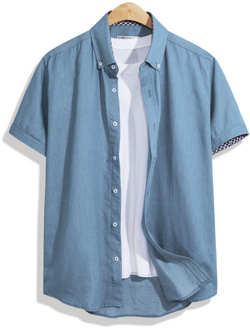 모니즈 95~130 체크 배색 데님 반팔 셔츠 남방 빅사이즈 청남방 SHT086