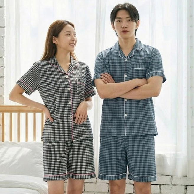 잔체크 잠옷세트 카라 반팔 여성 남성 파자마 한벌 커플 홈웨어 실내복 잠옷 상하의 세트
