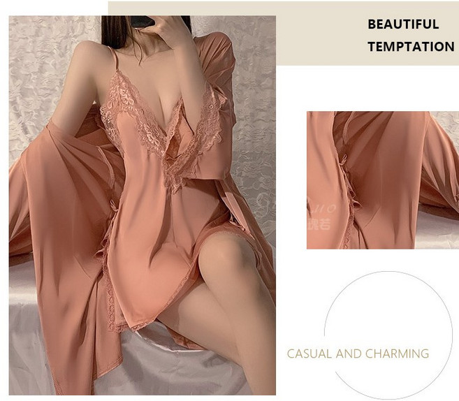 로앤뷰 실크 새틴 레이스 슬립 나이트가운 세트 | 섹시 란제리 홈웨어