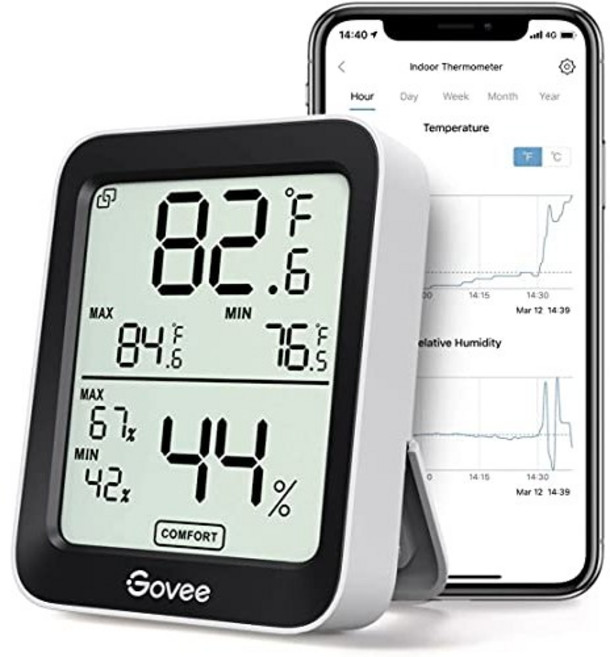Govee 습도계 온도계 H5075 Bluetooth 실내 실내 온도 모니터 원격 앱 제어 기능이 있는 온실 온도계 알림, 1 Pack_Black, 1개