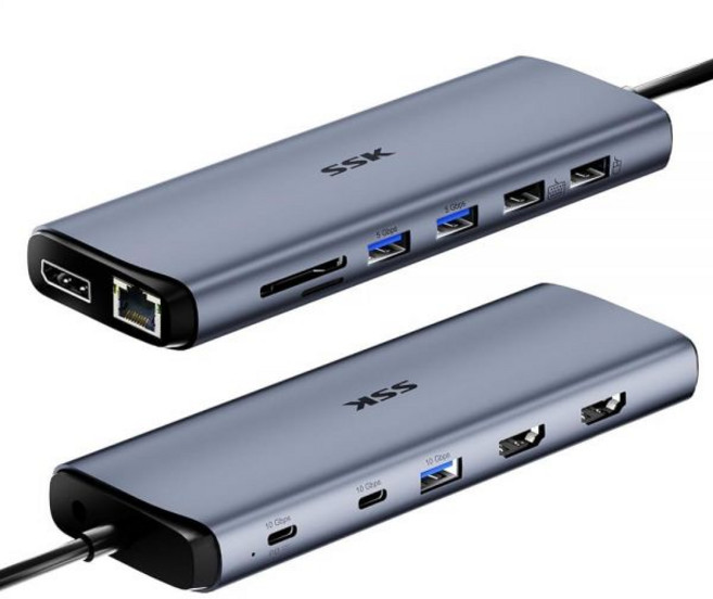 SSK 썬더볼트 노트북 맥북 도킹 스테이션 3 모니터용 8K USB C 도크 10Gbps 허브 듀얼 HDMI 디스플레이 포트 이더넷 100W PD 마이크/오디오 C, SSK 썬더볼트 노트북, 맥북 도킹 스테이션 3 모니터