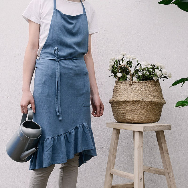 (무료 글자 자수) 플로렌스 린넨 앞치마 / 꽃집 이니셜 상호 로고, 앤틱블루, 1개