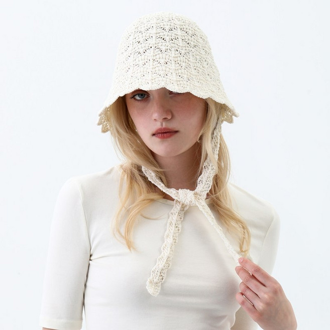 느와드코코 니트짜임 물결챙 리본끈 버킷햇 여성 감성 보넷 모자