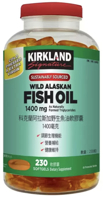 Kirkland Signature 阿拉斯加野生魚油軟膠囊 1400mg, 1個, 230顆