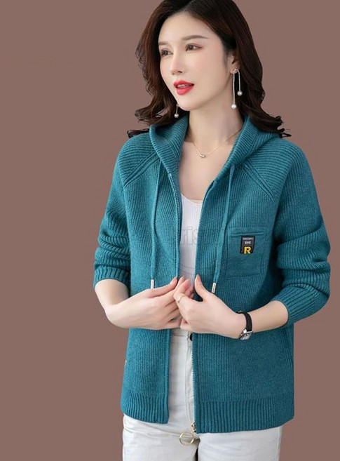 Krismile 여성 루즈핏 울 후드 니트 가디건 편안한 캐주얼 집업 컬러 스웨터+Krismile