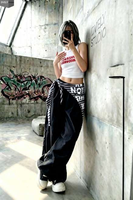 디블리 스트라이프 플래그 와이드팬츠 허리밴딩 밑단스트링 와이드핏 방송댄스 댄스팀 단체복 힙한룩 힙합패션