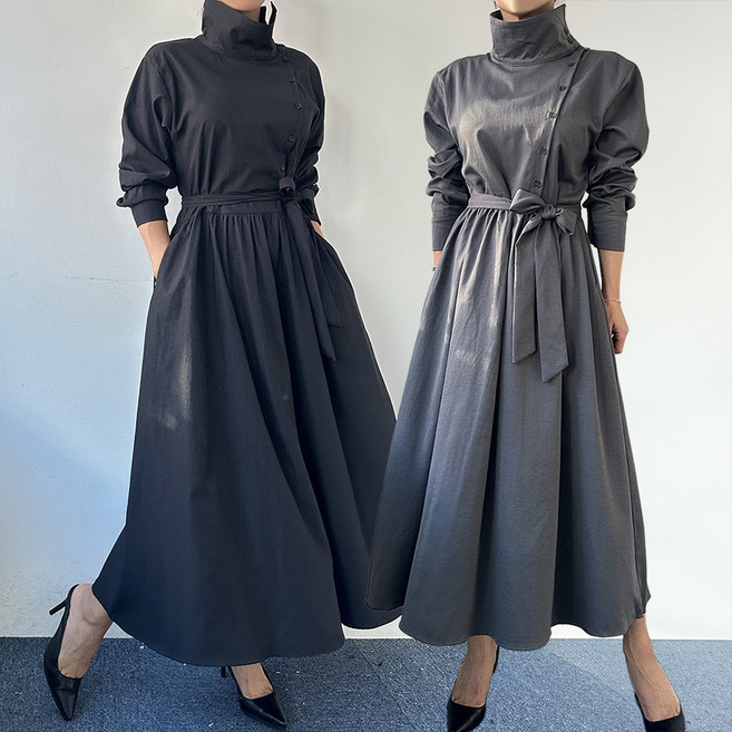 [에이스토리] 하이넥 벨트세트 롱원피스 언발 단추 A라인 포켓 가을원피스