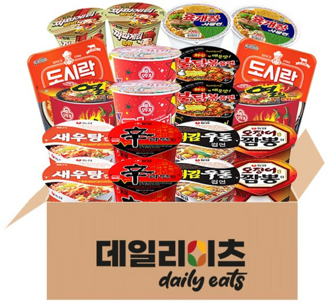 [데일리이츠] 농심 오뚜기 팔도 삼양 컵라면 10종 20개입 (육사발 2+도시락 2+신라면 2+새우탕 2+오짬 2+튀김 2+짜파범벅 2+진매 2+열 2+불닭 2), 4세트