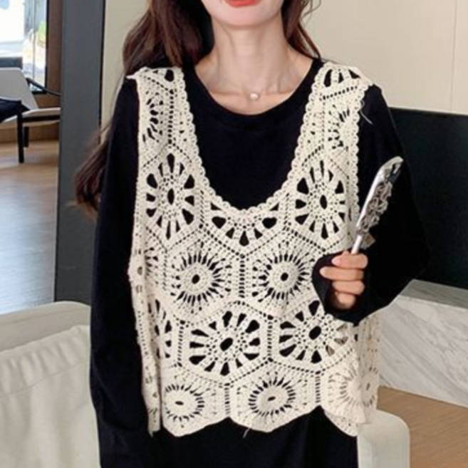 [엔젤디] 여성 레이어드 레이스 크로셰 니트 뷔스티에 조끼
