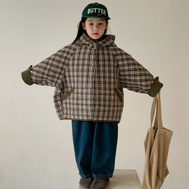 UPPERCUT 아동 올리브 배색 체크 후드 누빔자켓 경량 퀼팅점퍼 남녀공용 간절기 아우터