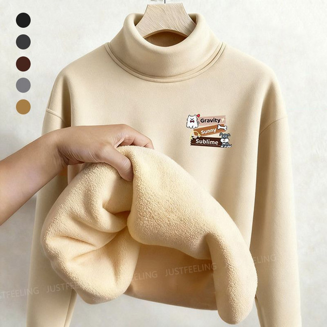 JUSTFEELING 터틀넥 융털안감 긴팔맨투맨 방한 영문글짜 패턴 따뜻한 뽀글이 맨투맨 여성 겨울용 티셔츠 상의 S-4XL