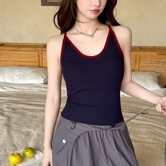 Makone 여성 심플 끈나시 고정컵 내의 일체형 투인원 캐주얼 나시 티 상의