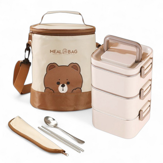 밀다 사각 스텐 도시락통 보온보냉가방 세트, 3단 도시락통 + 가방세트, 1개