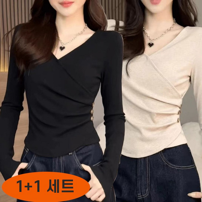 TIMEPURE 1+1 2장입 세트 봄가을 여성 브이넥 비대칭 긴팔 티셔츠 슬림핏 크롭탑 허리라인 셔링 이너웨어 패션 상의