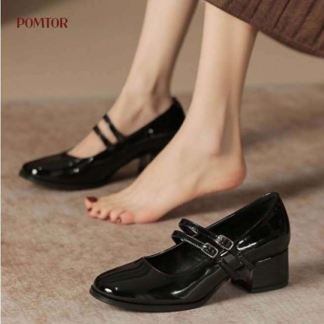 POMTOR 여성 로퍼 메리제인슈즈 미들 굽 펌프스 편안한 여자 구두
