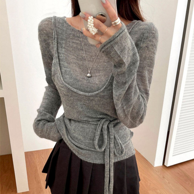 라라홀리 소프트 여리 슬림핏 일체형 랩리본 뷔스티에 니트