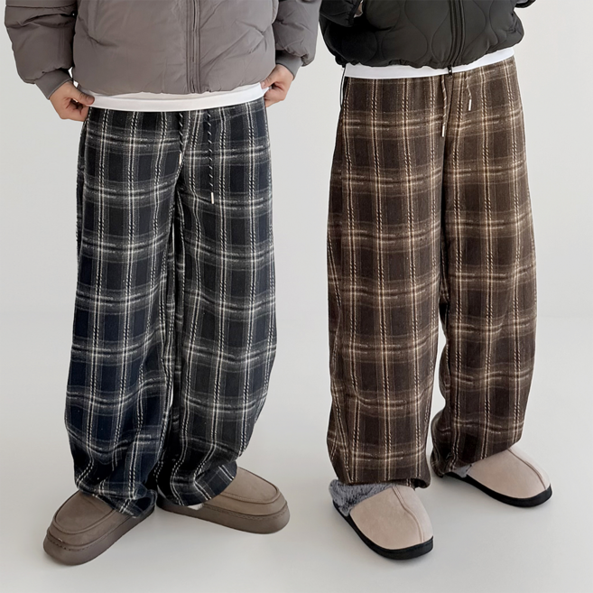왓위웨어 남녀공용 타탄 체크바지 와이드 벌룬 팬츠 스웻 밴딩 수면 통바지