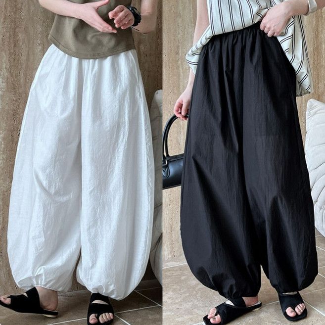 (완전 편한) 빅사이즈 여성 와이드 벌룬팬츠 날씬해보이는 바지 여름 편한 하이웨이스트 화이트 블랙 심플 캐쥬얼 슬렉스 허리 밴딩 포켓 얇은 쿨링 데일리 조거팬츠 통바지 롱 팬츠