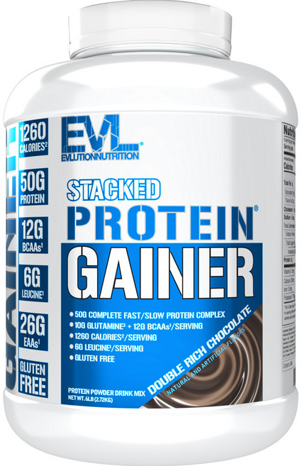 EVLUTIONNUTRITION 스택드 프로틴 게이너 파우더 드링크 믹스 더블 리치 초콜릿 맛, 1개, 2.72kg