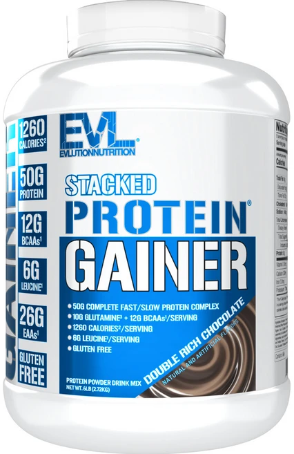 EVLUTIONNUTRITION 스택드 프로틴 게이너 파우더 드링크 믹스 더블 리치 초콜릿 맛, 1개, 2.72kg - 쿠팡