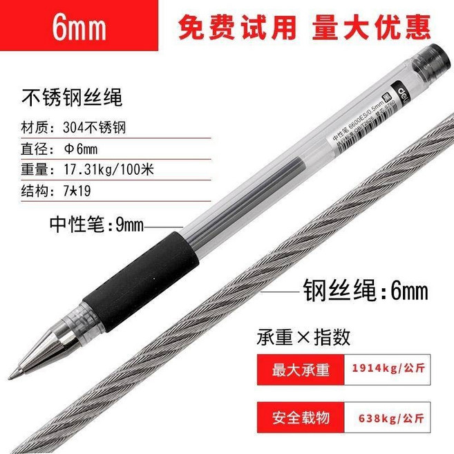 #304不銹鋼鋼絲繩子 細軟鋼絲線 晾衣繩架 鋼索粗1 1.5 2 3 4 5 6 8mm鋼絲線鋼索 細鋼絲, 1個, 304不銹鋼6mm（7*19結構/軟1米