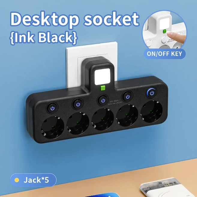 벽면 콘센트 EU 플러그 멀티탭 4구 AC 콘센트 2USB 1타입-C 포트 3/4/5 소켓 소형 야간 조명 포함 가정 사, 05 Black 5 Ports
