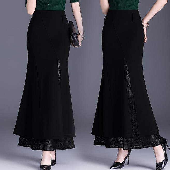 여성 봄가을 스커트 패션 머메이드 패치 레이스 스커트 슬림핏 기질 하이웨스트 롱 스커트 YHY
