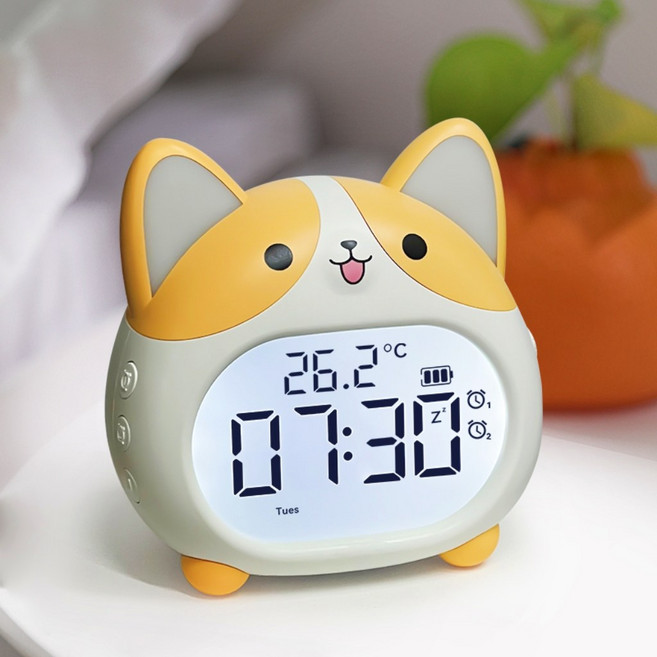코기 멀티펑션 알람 무소음 LED 탁상시계 타이머, 화이트옐로우