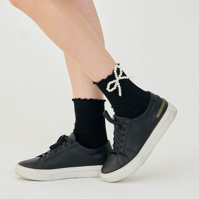 제이투제이 진주 리본양말, 블랙, 1개