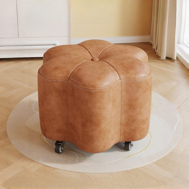WHH 이동식 현관 스툴 가죽 꽃송이 바퀴 의자, 1개, 브라운