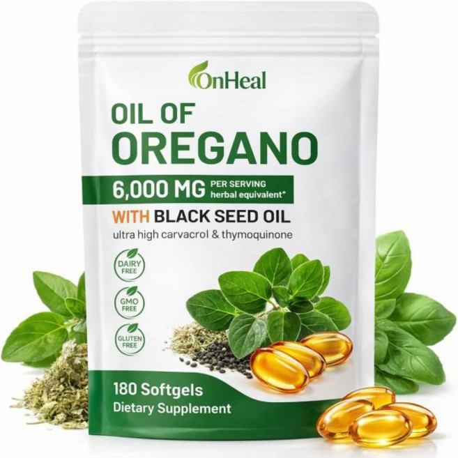 OnHeal Oil of Oregano Softgels 6000mg per Serving with Black Seed Oil Herbal Supplement Non-GMO