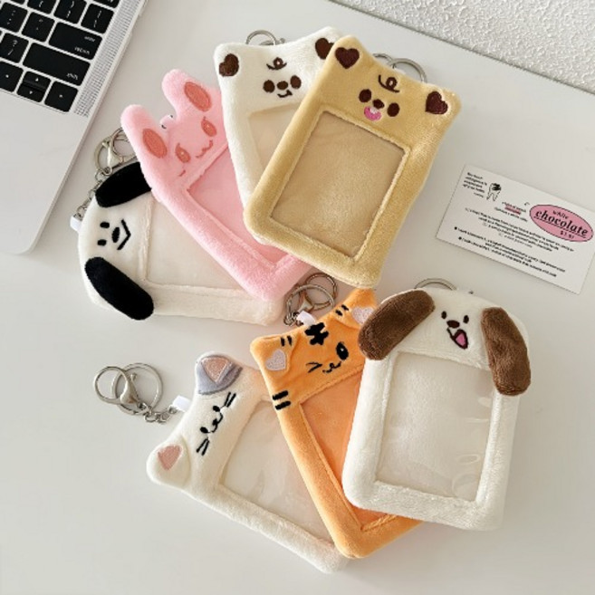 바닐라제이 귀여운 동물 포토카드 홀더 열쇠고리 키링 가방고리, 아이보리하트곰돌이, 1개