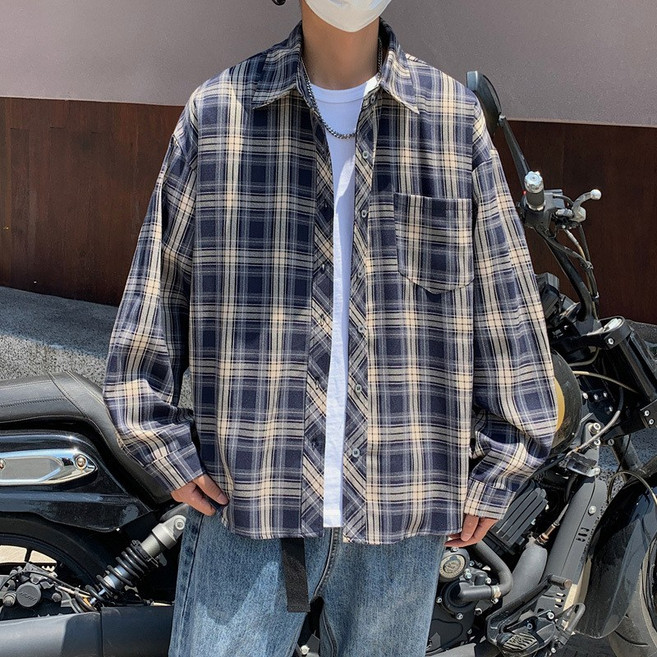 【日系復古潮】男款襯衫 長袖襯衫 休閒襯衫 格子襯衫 寬鬆襯衫 美式工裝風 設計感小眾 秋季疊穿 百搭外套