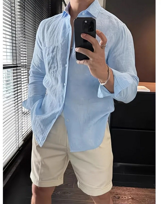 輕奢亞麻長袖翻領襯衣男士2024夏季新款潮流寬鬆棉麻休閒襯衫白色