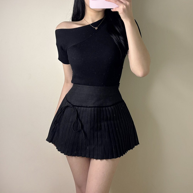 VANANA2 여성 클래식 원숄더 슬림핏 골지 니트 반팔