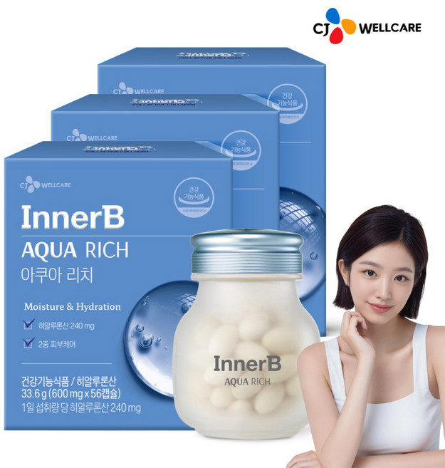 CJ 이너비 아쿠아리치 고함량 히알루론산 피부 건강, 56정, 3개