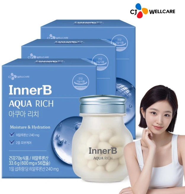 CJ 이너비 아쿠아리치 고함량 히알루론산 피부 건강, 56정, 3개 - 쿠팡