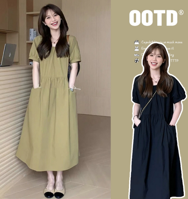 夏裝韓版寬鬆純色簡約中長款連衣裙