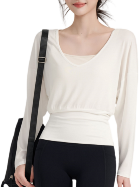 Makone 여성 브이넥 요가복 긴팔 티셔츠 가오리핏 필라테스 트레이닝 상의 트레이닝 블라우스 풀오버