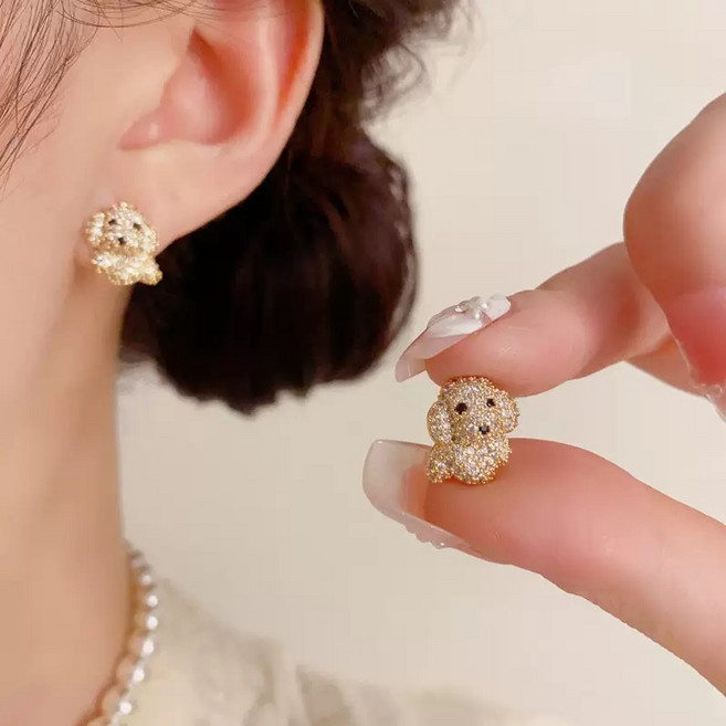 [S925 실버침] 귀여운 푸들 비숑 강아지 큐빅 귀걸이 데일리 입체 미니 귀걸이 은침 귀요미 푸들 강아지 입체 큐빅 귀걸이