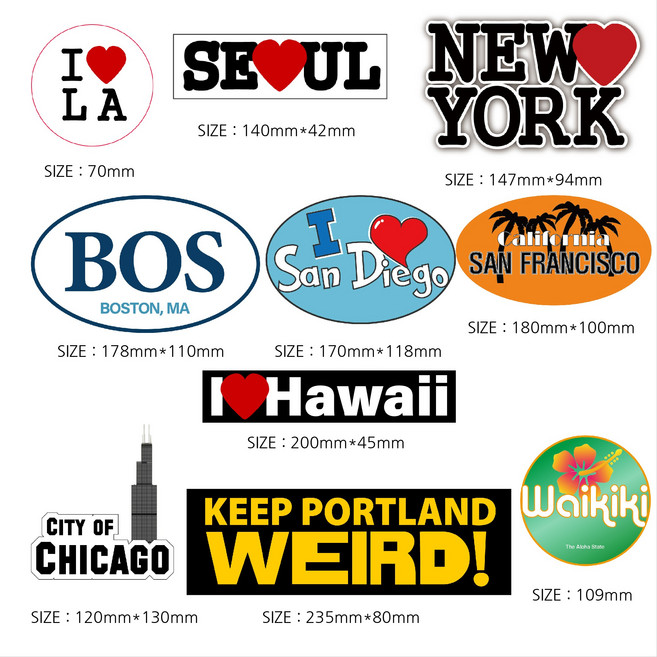 DOMINO STORY 캐리어 스티커 데코 캠핑 도시 글자 예쁜 시티 스티커 10종 1번세트 중형, 스티커10종1번세트