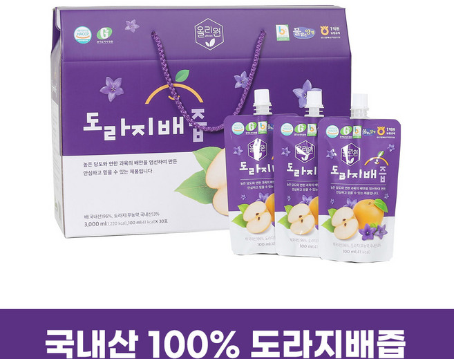 국내산 원료100%착즙 미디안농산 올리원 도라지배즙 100ml*30포(스파우트), 1박스