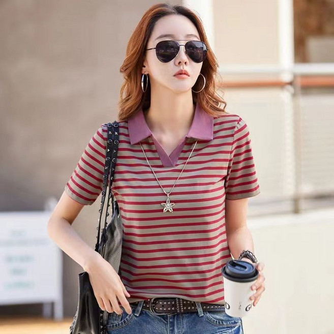 NEW 소프트 프리미엄 여성 면 스판덱스 탄력 골프 폴로 반팔 브이넥 티셔츠 줄무늬 여름티 반팔티 빅사이즈