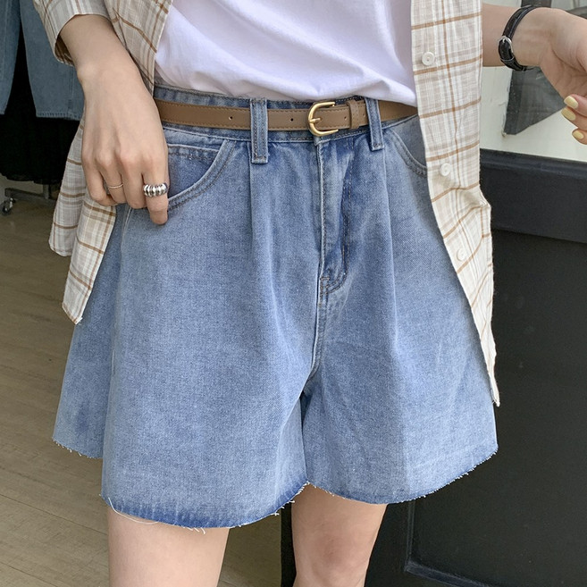 앤샵 여성용 핀턱 와이드 데님 반바지 A라인 4부 청반바지 연청 큐롯 팬츠 르 마레