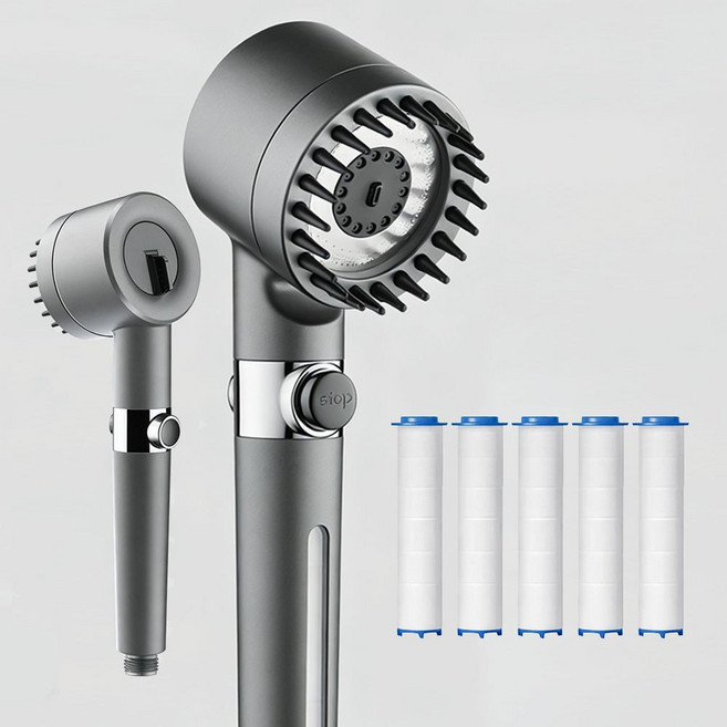 수압상승 필터 샤워기 헤드 3단조절 온오프 고압 절수 + 필터 5p 세트, 그레이, 1세트