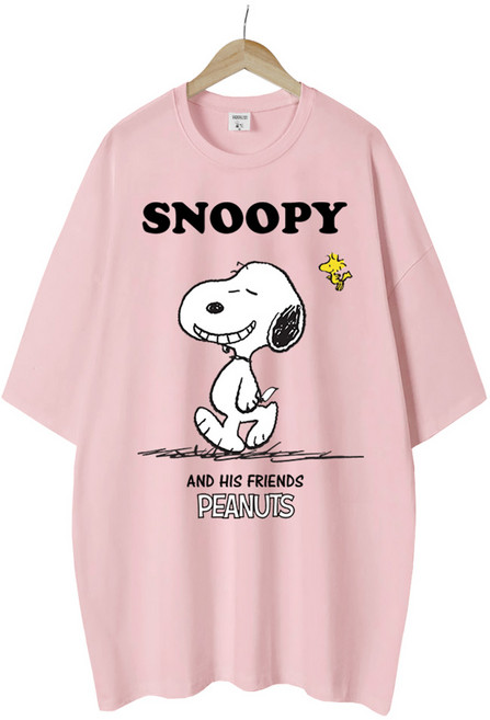 엠제이스타 피너츠 여성 해피 스누피 반팔 루즈핏 롱 프린팅 캐릭터 티셔츠 오버핏 반팔티